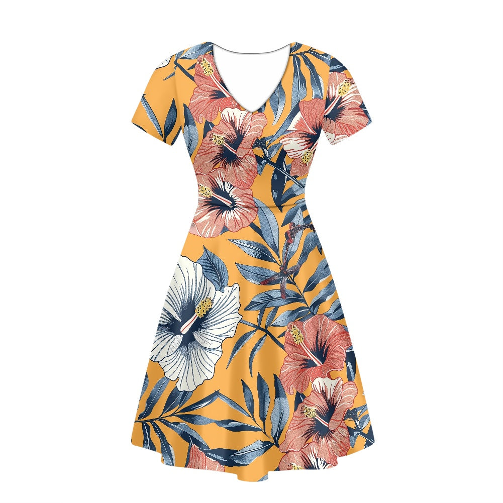 Women V-Neck Short Sleeve Ruffle Dress white
