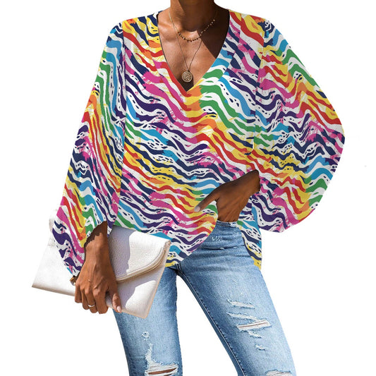 V-Neck Chiffon Puff Sleeve Blouse by Luxtrini 4XL