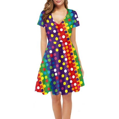 Polka Dot Rainbow Women V-Neck Short Sleeve Ruffle Dress