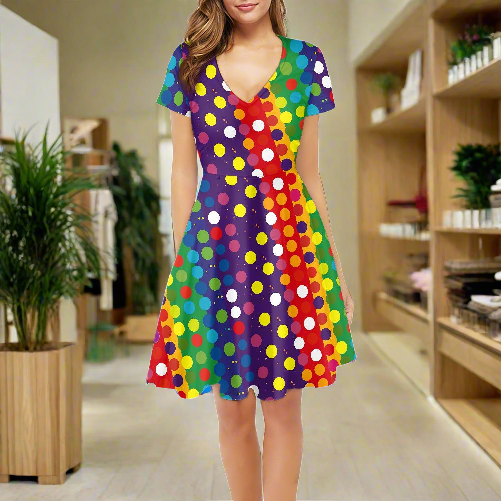 Polka Dot Rainbow Women V-Neck Short Sleeve Ruffle Dress