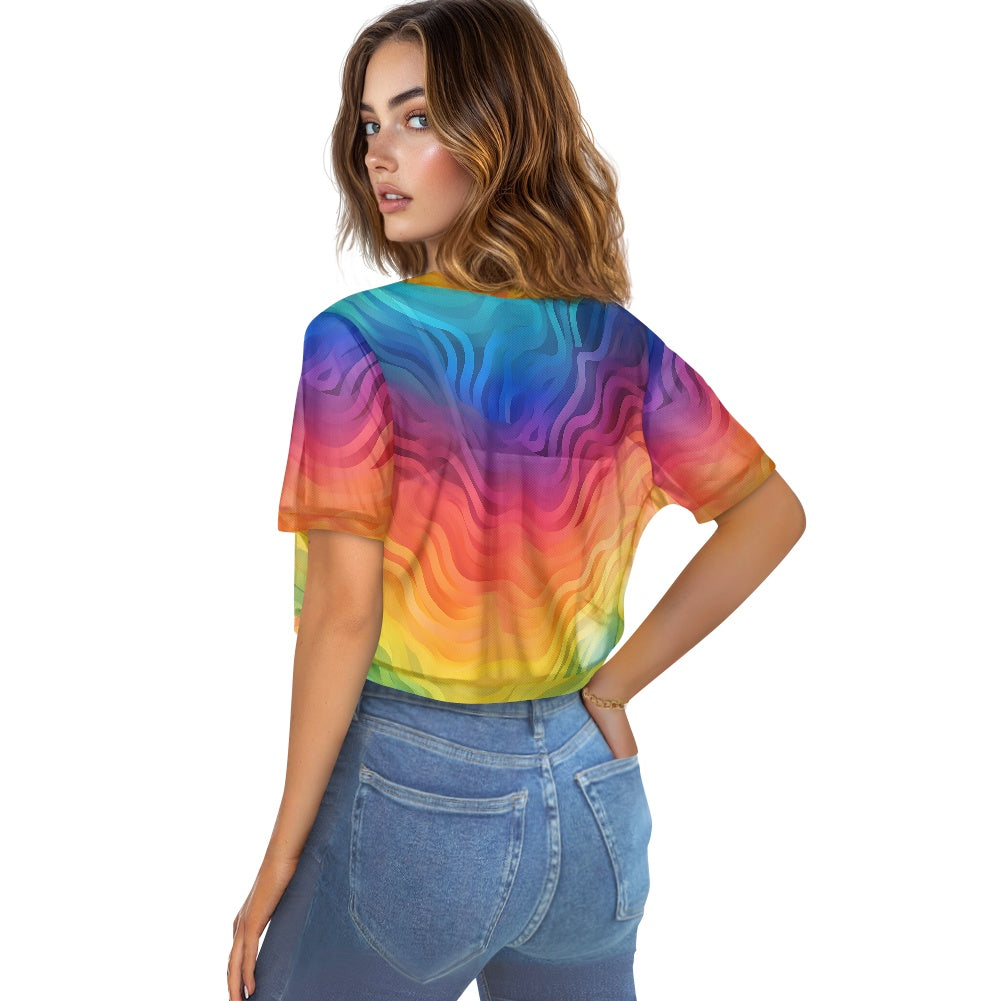 Rainbow Wavy Mini Cardigan – Women's Chiffon Short Jacket, Colorful Sheer Cover Up, Lightweight Layer