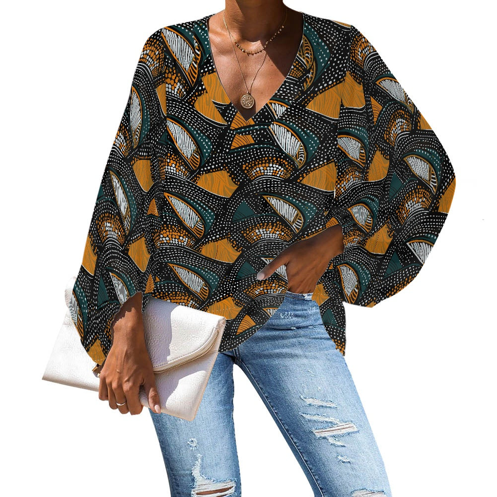 African Ethnic V-Neck Chiffon Puff Sleeve Blouse by Luxtrini white