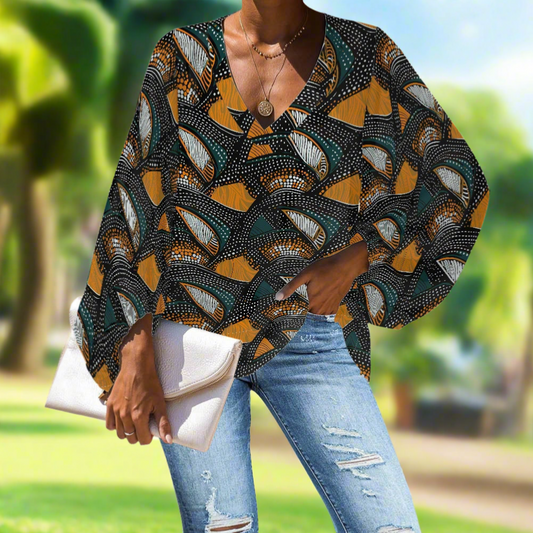 African Ethnic V-Neck Chiffon Puff Sleeve Blouse by Luxtrini