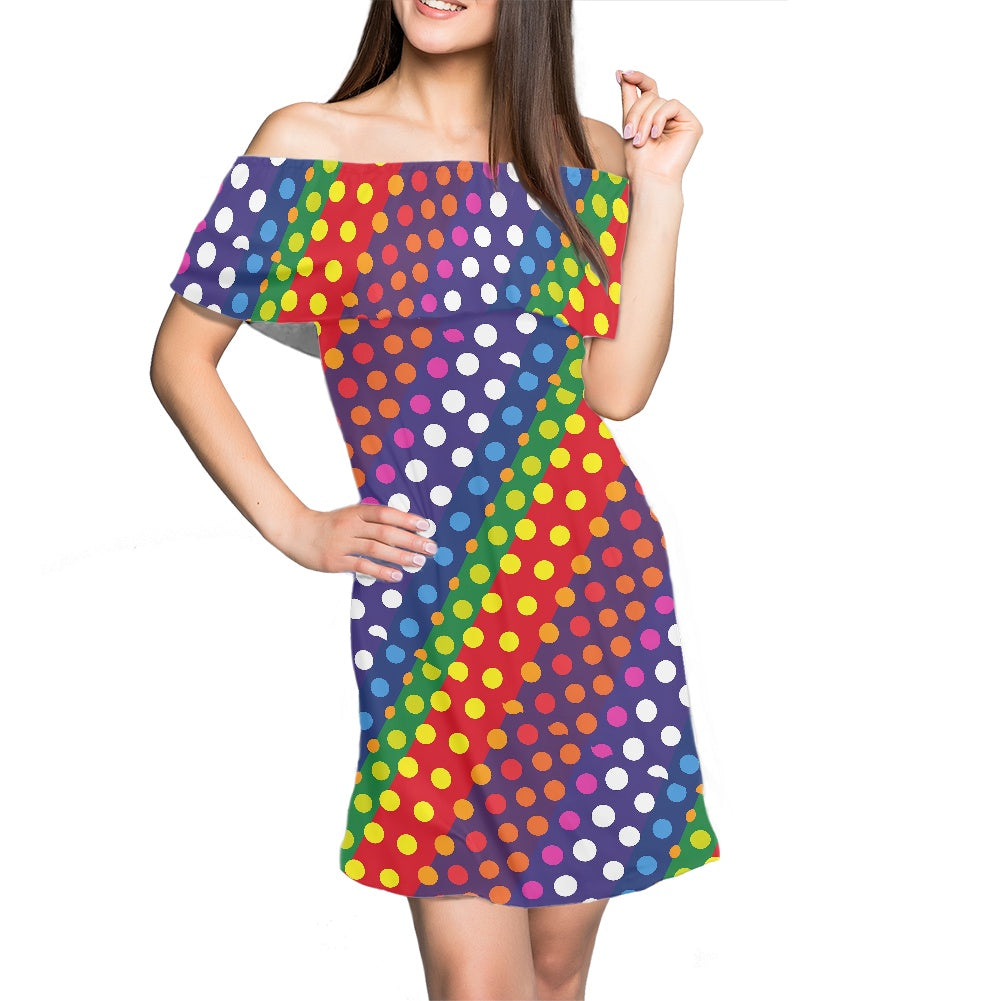 LGBTQ-Friendly Rainbow Polka Dot Elegant Ruffled A-Line Dress with Ruffle Off-Shoulder Design by Luxtrini white