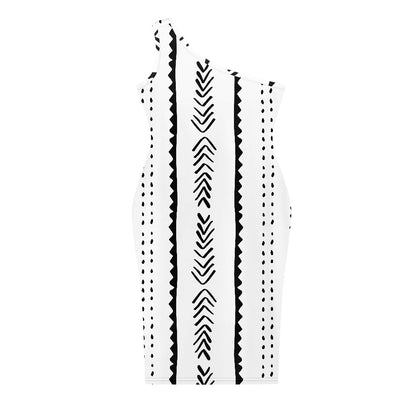 Discover Elegance: Luxtrini's One-Shoulder Slim Dress - African Ethnic B&W white