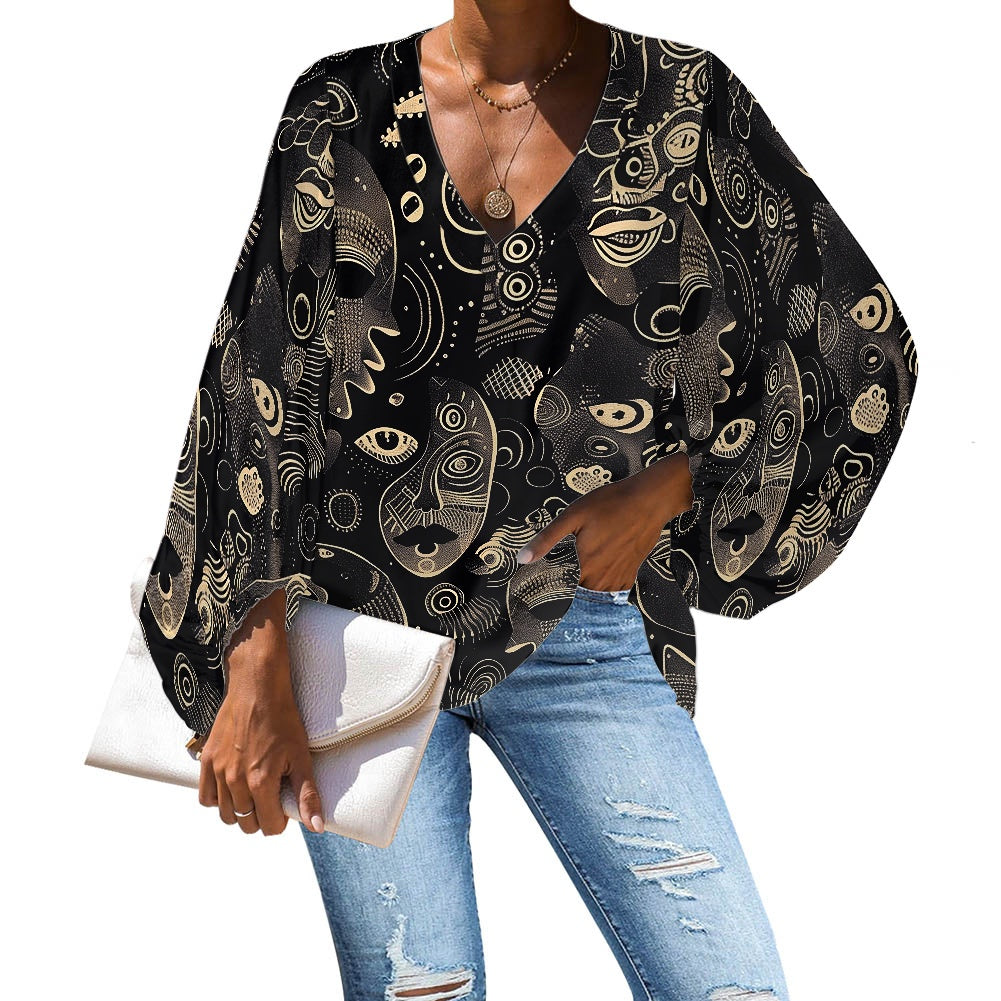 V-Neck Chiffon Puff Sleeve Blouse by Luxtrini 4XL