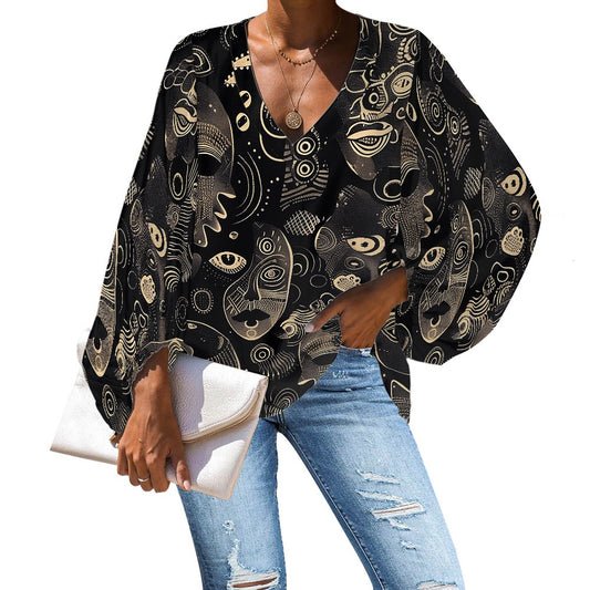 V-Neck Chiffon Puff Sleeve Blouse by Luxtrini 4XL