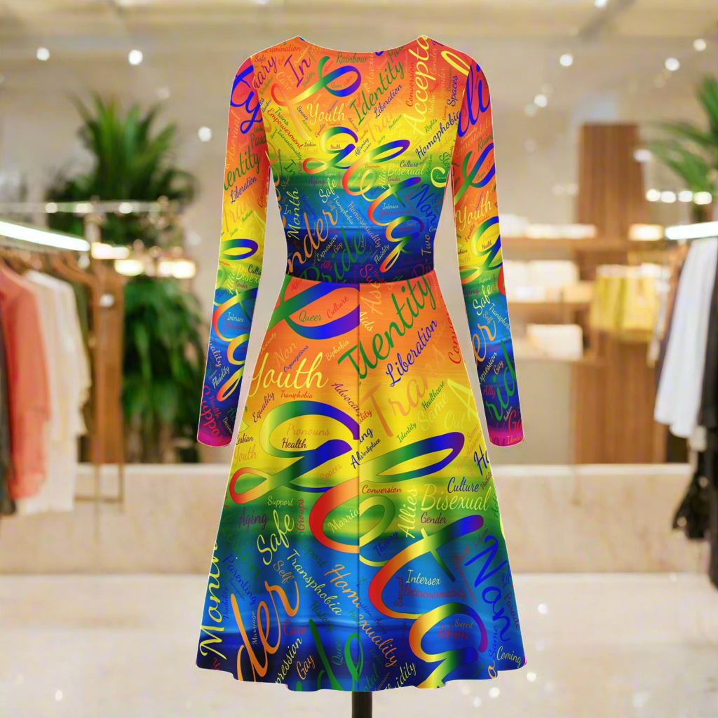 LGBTQ Word Cloud Women V-Neck Long Sleeve Ruffle Dress