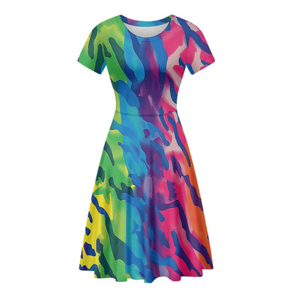 Women Scoop Neck Short Sleeve Ruffle Dress white