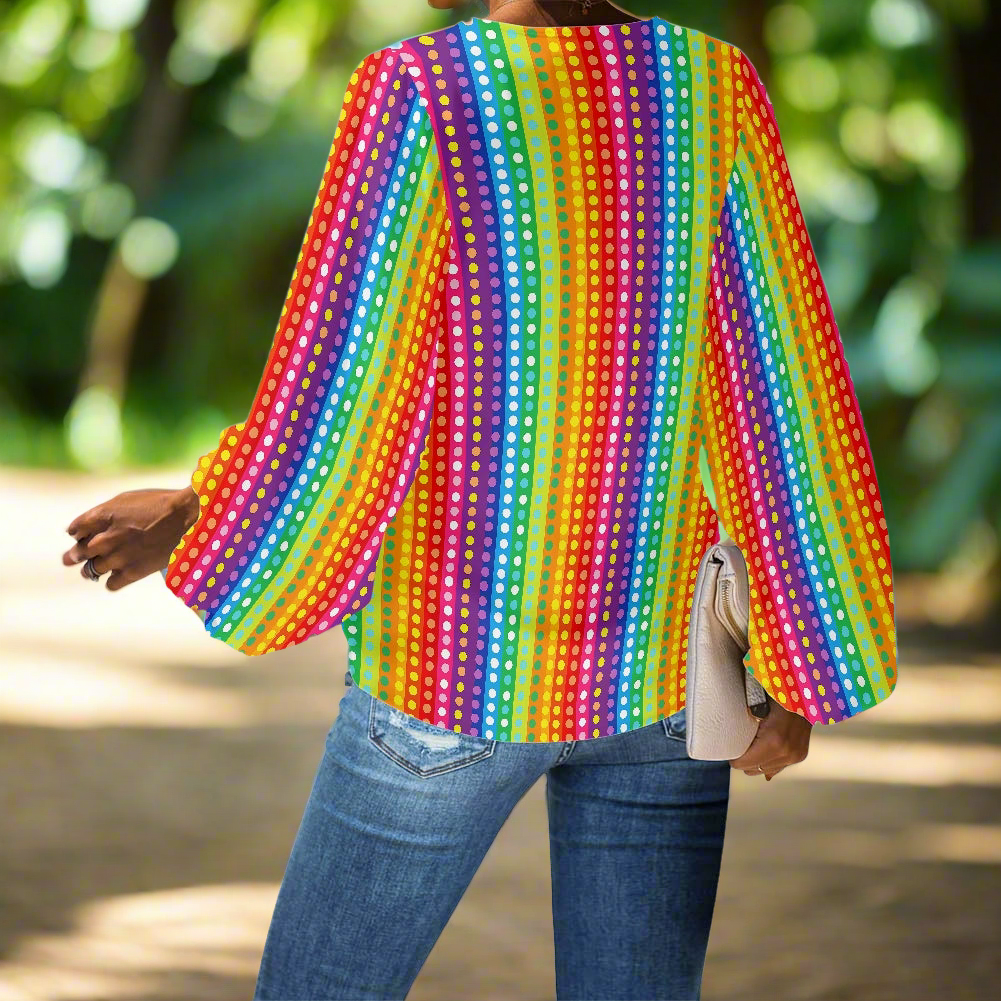 Rainbow Stripes with colored polka dots V-Neck Chiffon Puff Sleeve Blouse by Luxtrini