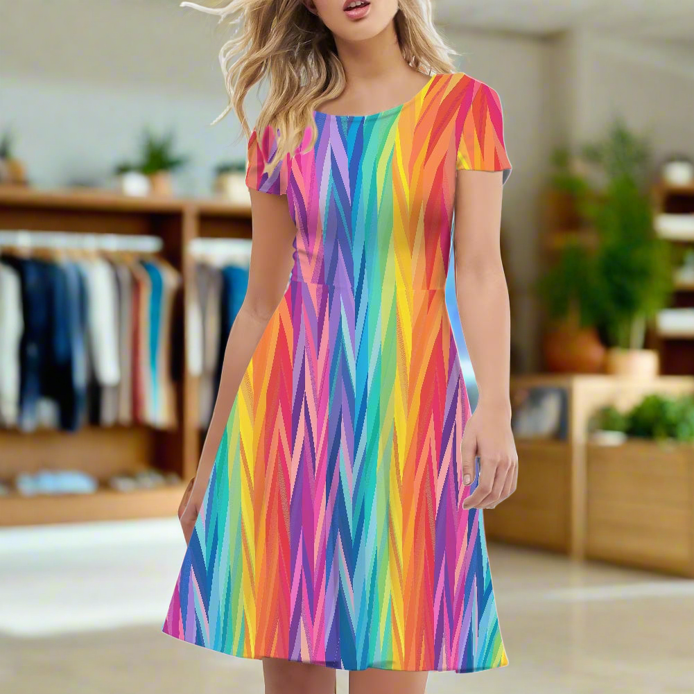 Rainbow Chevron Women Scoop Neck Short Sleeve Ruffle Dress