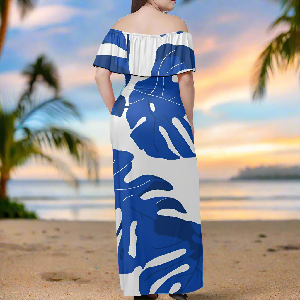 Elegant Off-Shoulder Maxi Dress, Blue White Tropical Pattern, Summer Evening Wear, Luxtrini Fashion, Women's Flowy Long Dress
