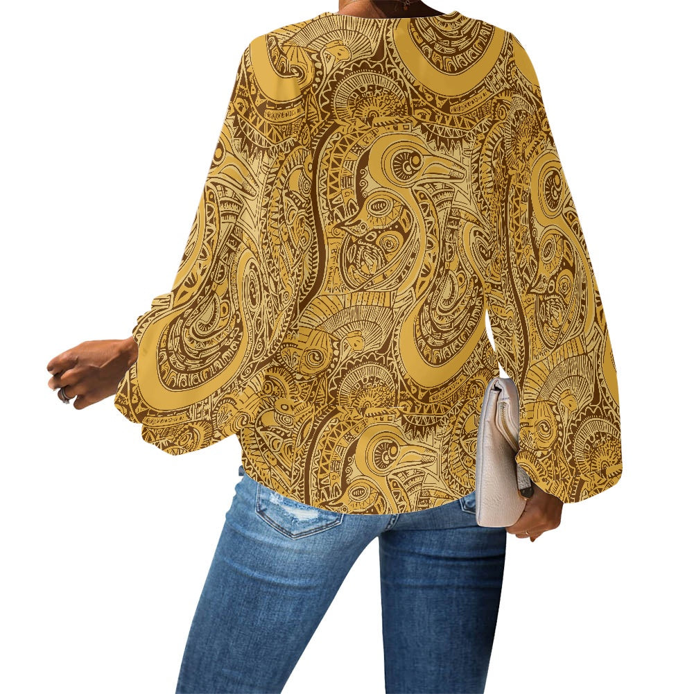 Golden African Ethnic V-Neck Chiffon Puff Sleeve Blouse by Luxtrini
