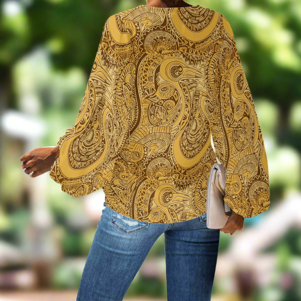 Golden African Ethnic V-Neck Chiffon Puff Sleeve Blouse by Luxtrini