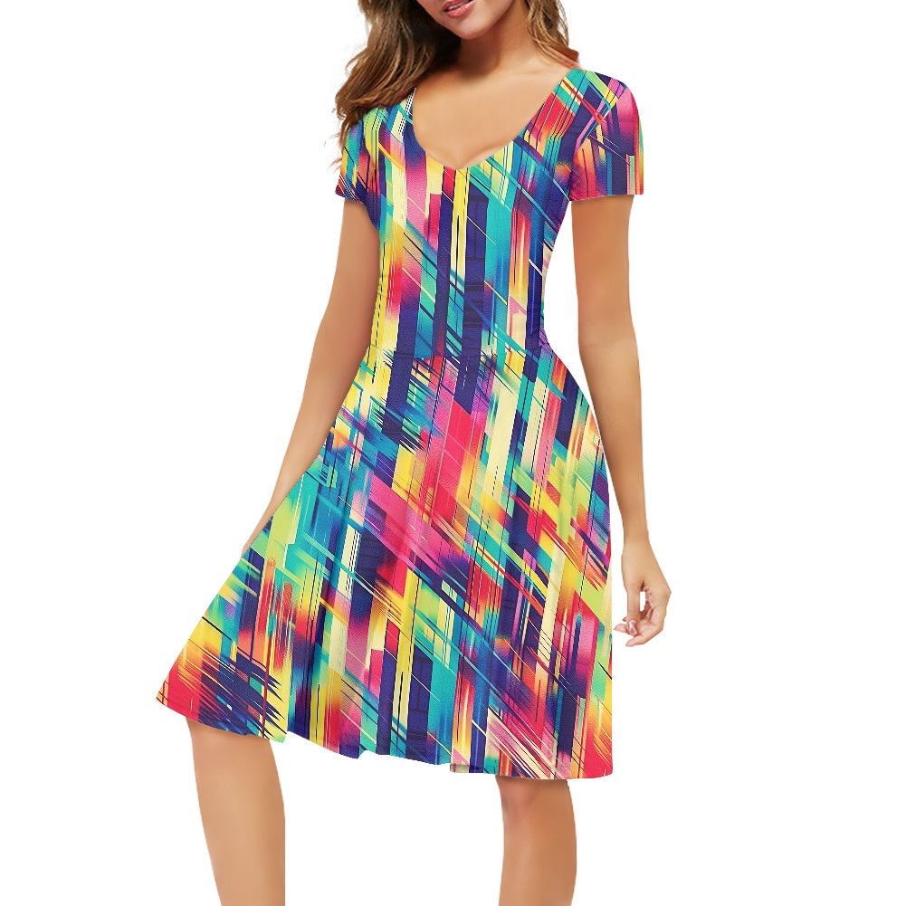 Rainbow Glitch Women V-Neck Short Sleeve Ruffle Dress