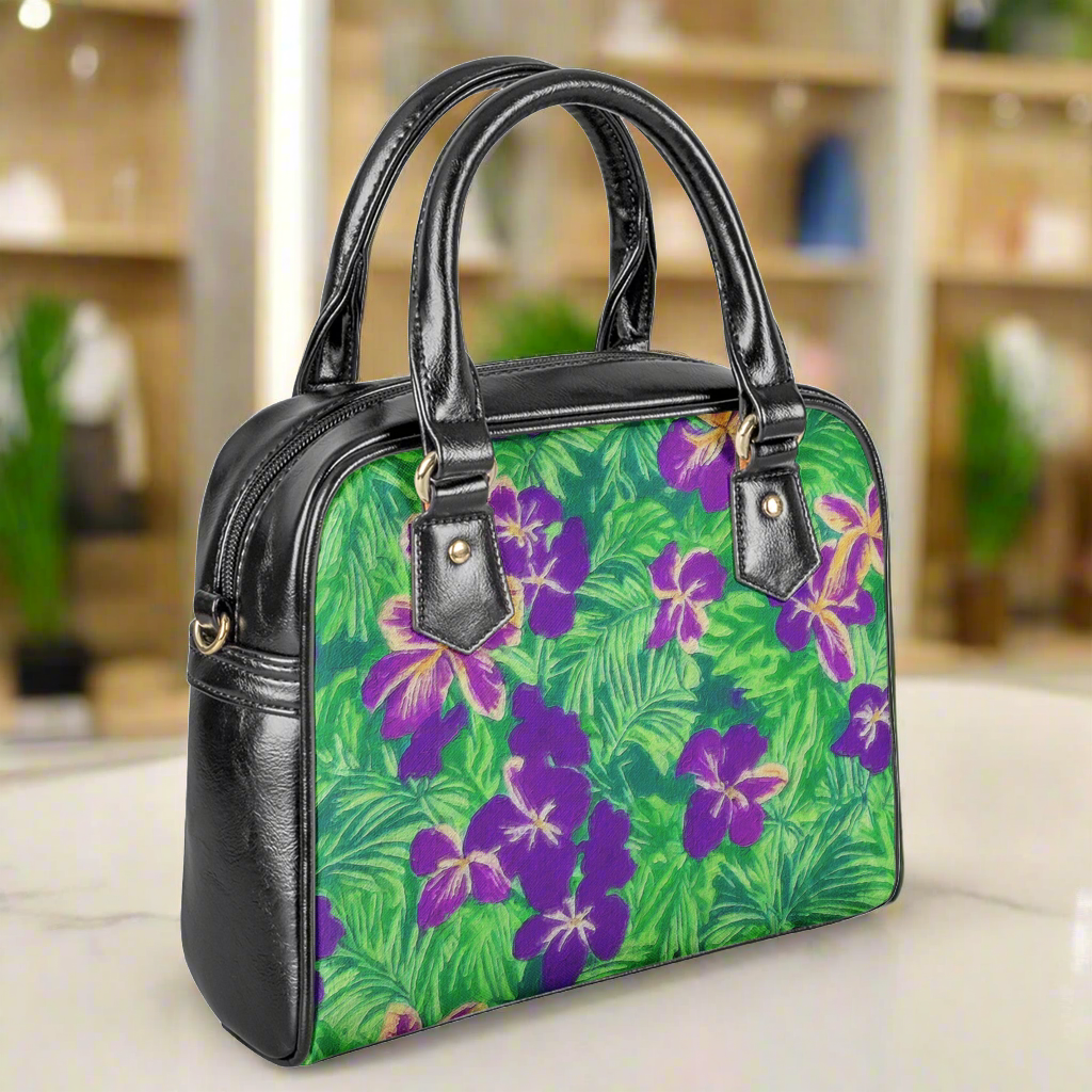 Blue Flag Iris on Green Shoulder Handbags