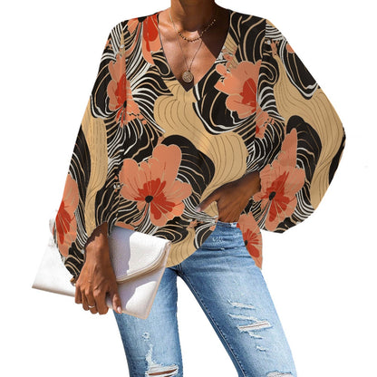 Floral V-Neck Chiffon Puff Sleeve Blouse by Luxtrini white