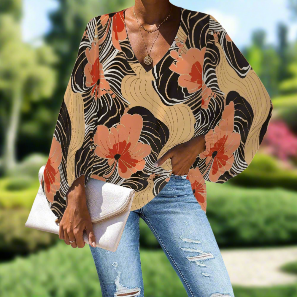 Floral V-Neck Chiffon Puff Sleeve Blouse by Luxtrini