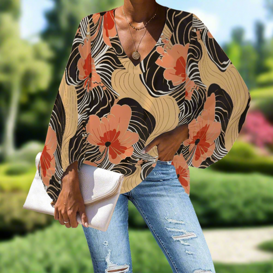 Floral V-Neck Chiffon Puff Sleeve Blouse by Luxtrini