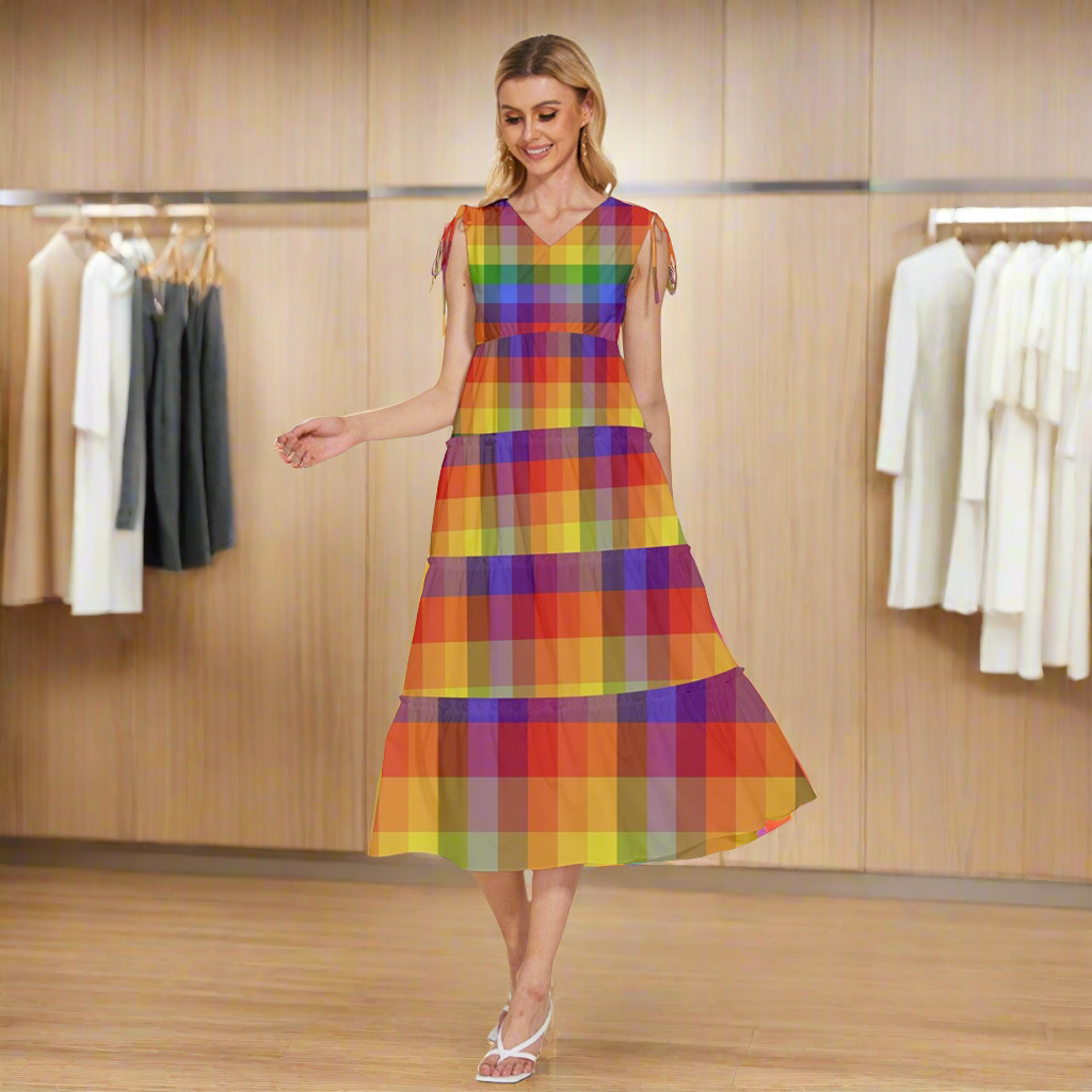 Rainbow Plaid V-Neck Drawstring Shoulder Sleeveless Maxi Dress