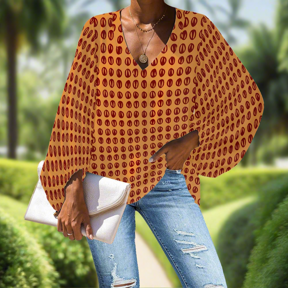 Ethnic Polka Dot Mudcloth V-Neck Chiffon Puff Sleeve Blouse by Luxtrini