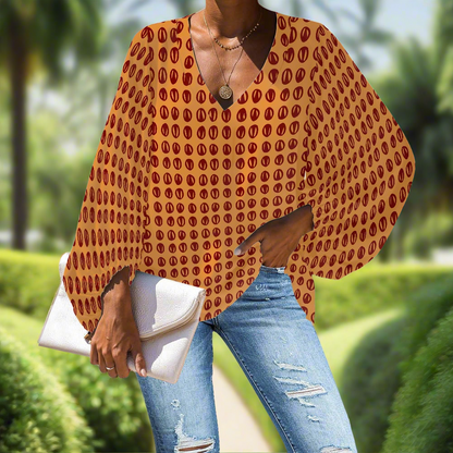 Ethnic Polka Dot Mudcloth V-Neck Chiffon Puff Sleeve Blouse by Luxtrini