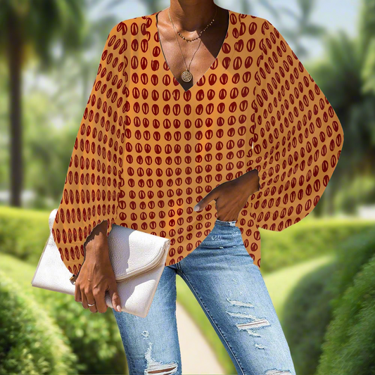 Ethnic Polka Dot Mudcloth V-Neck Chiffon Puff Sleeve Blouse by Luxtrini