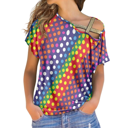 LGBTQ-Friendly Rainbow Polka Dot Stylish Asymmetrical Off-Shoulder Top with Decorative Strap and Short Sleeves by Luxtrini white