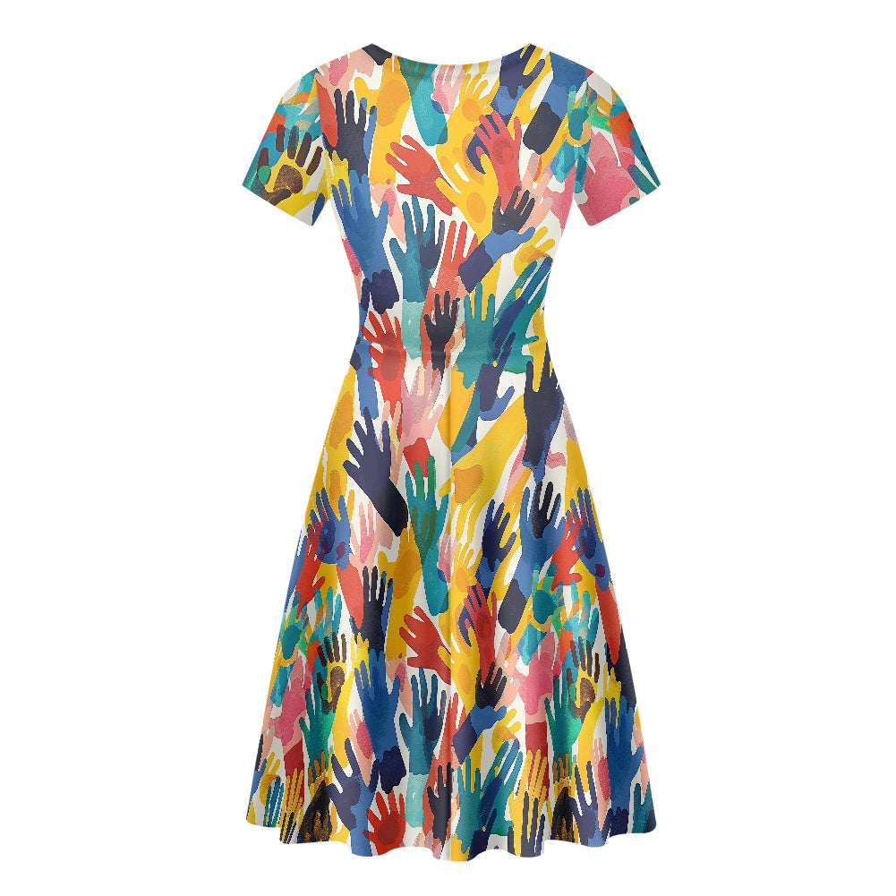 Women Scoop Neck Short Sleeve Ruffle Dress