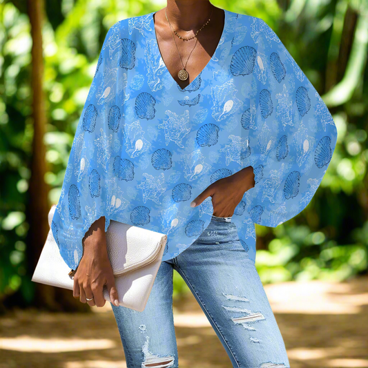 Blue Seashell Ocean V-Neck Chiffon Puff Sleeve Blouse by Luxtrini