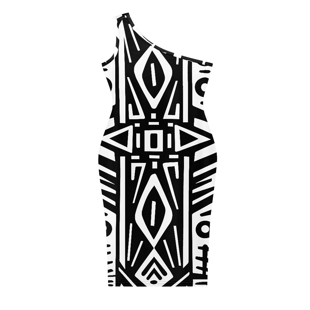 Discover Elegance: Luxtrini's One-Shoulder Slim Dress - B&W Ethnic white