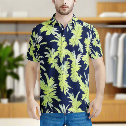 Puakenikeni Lime Green and Black Men's All Over Print Polo Shirt - Hawaiian Inspired, Handmade, Express Shipping Available