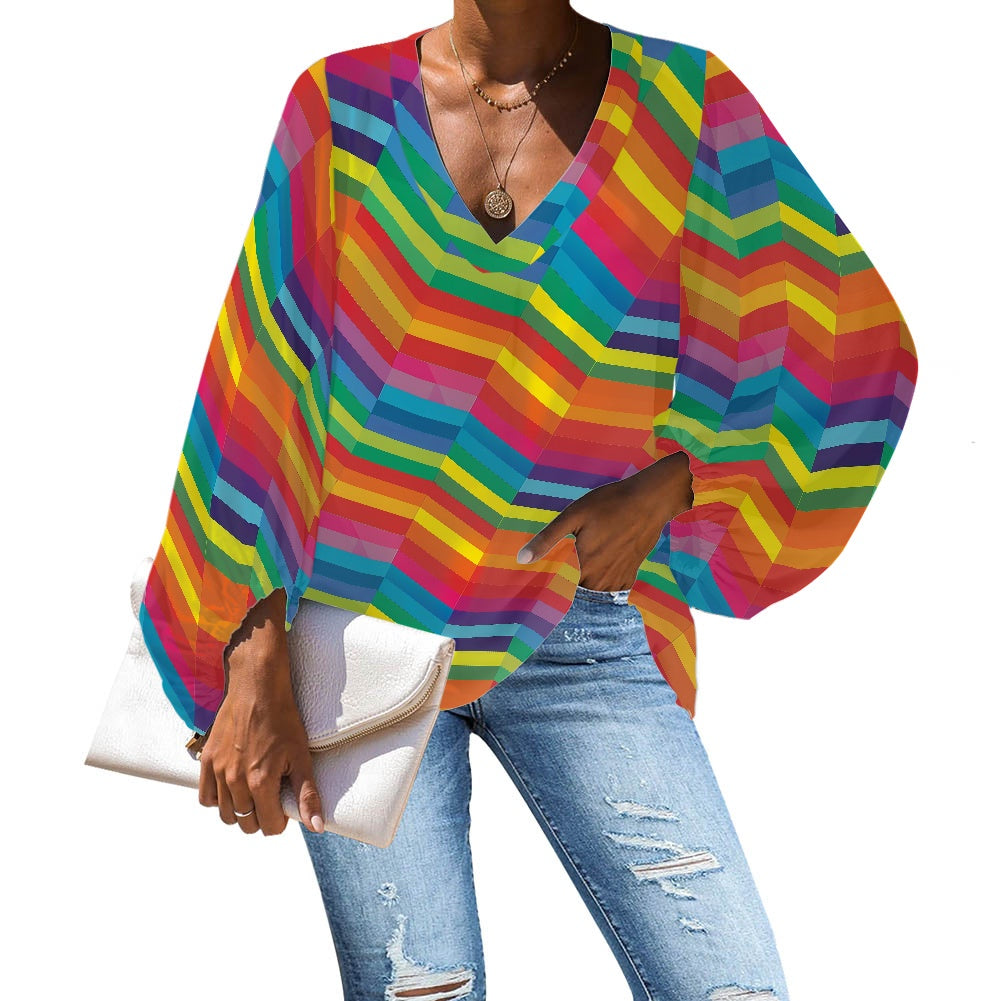 Rainbow Zigzag Stripes V-Neck Chiffon Puff Sleeve Blouse by Luxtrini