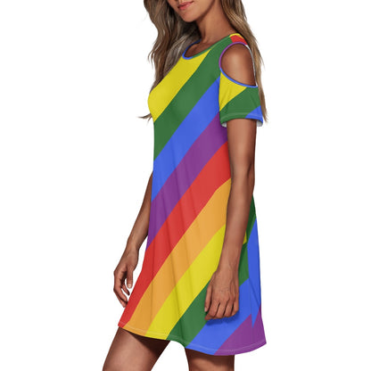 Rainbow Cold shoulder dress with a round neckline