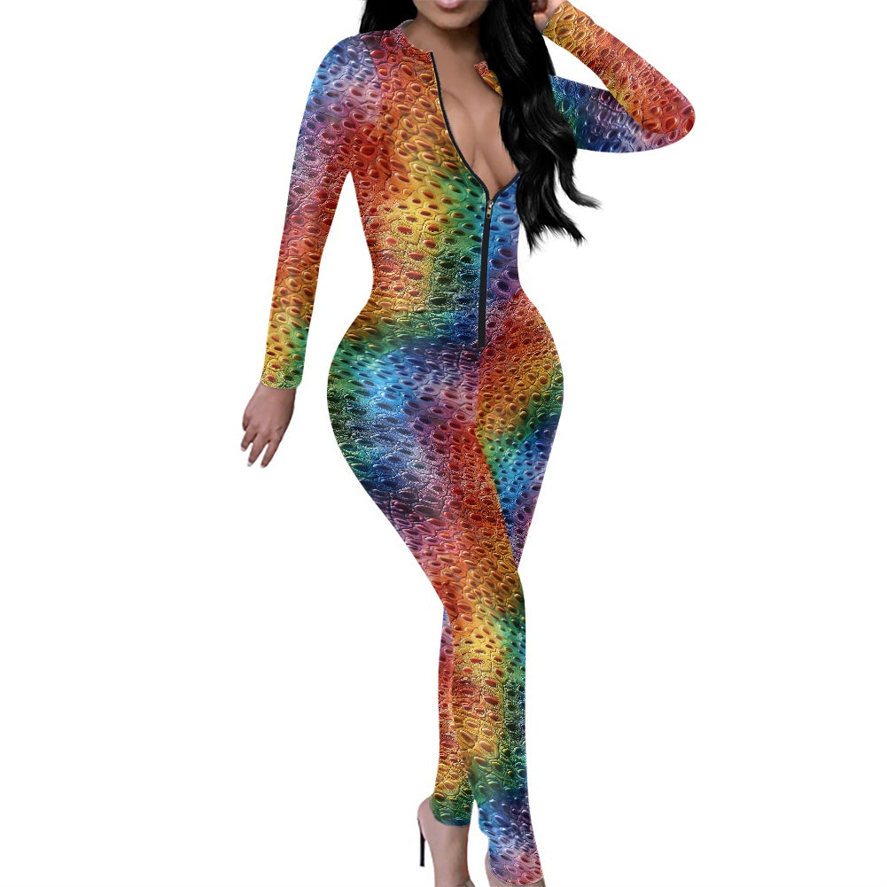 Unique Ostrich Skin pattern Rainbow Pride Women's Plunging Neck Jumpsuit 4XL