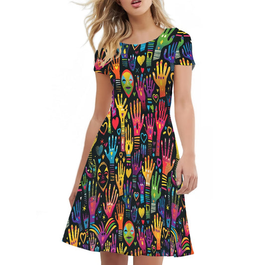 Women Scoop Neck Short Sleeve Ruffle Dress