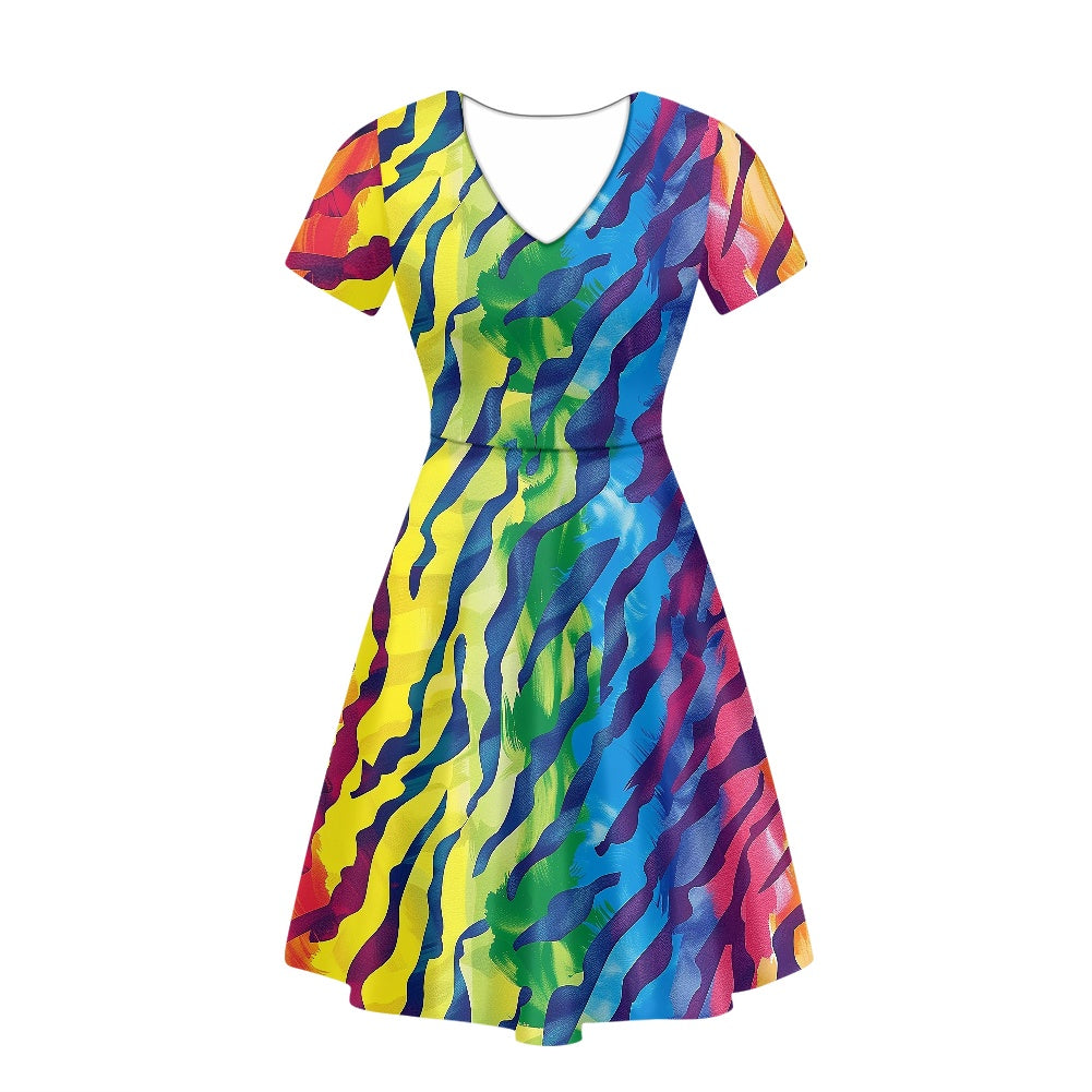 Rainbow Animal Skin Women V-Neck Short Sleeve Ruffle Dress white