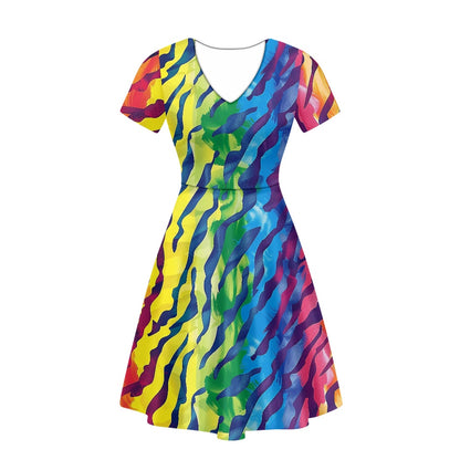 Rainbow Animal Skin Women V-Neck Short Sleeve Ruffle Dress white