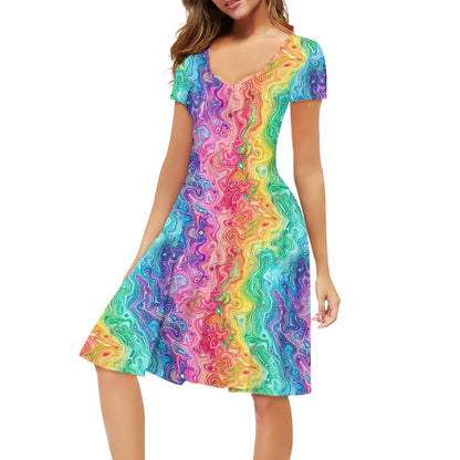 Rainbow Women V-Neck Short Sleeve Ruffle Dress