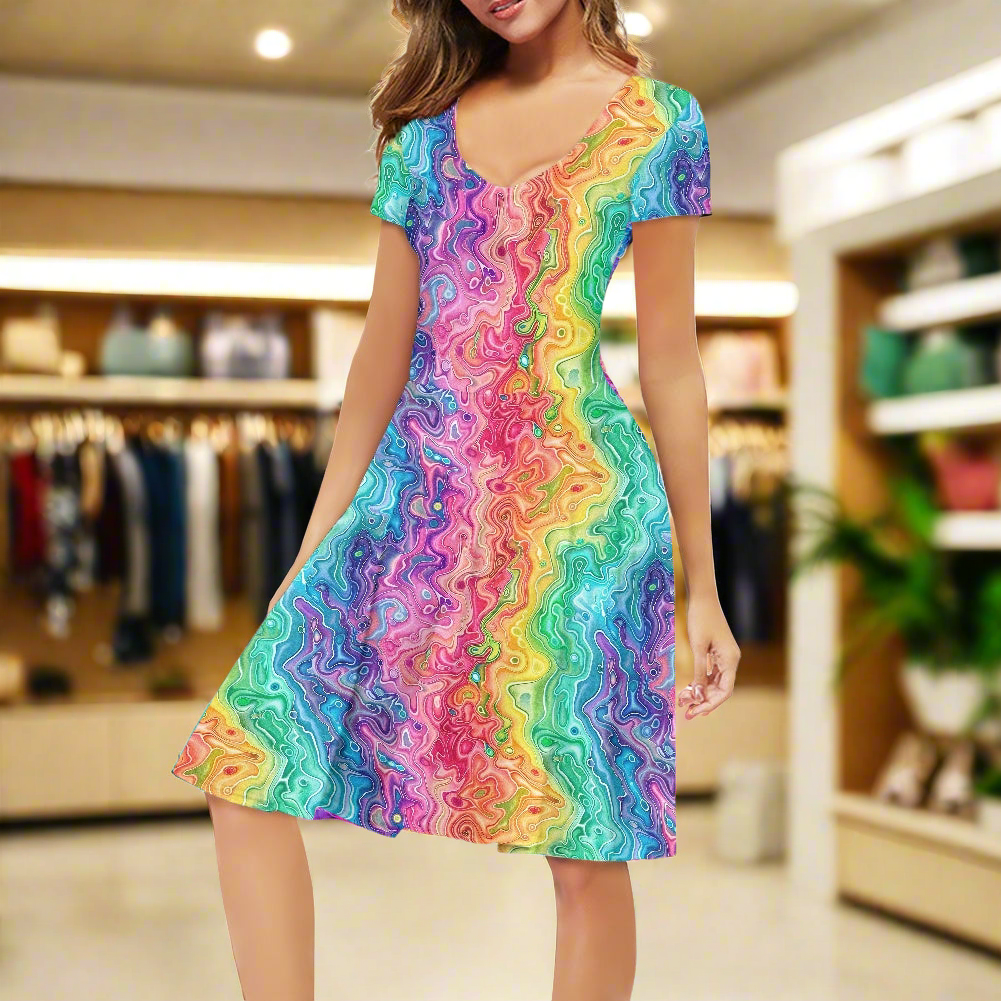Rainbow Women V-Neck Short Sleeve Ruffle Dress