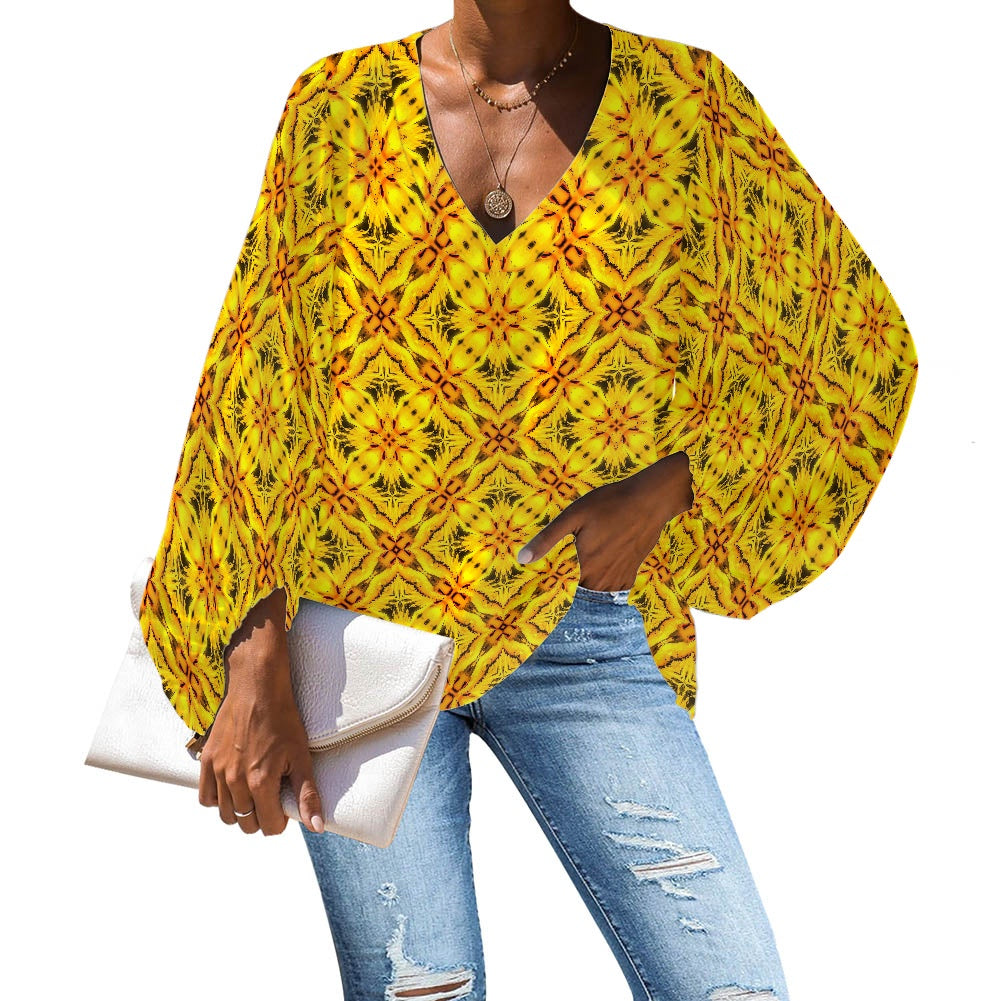 Toghu V-Neck Chiffon Puff Sleeve Blouse by Luxtrini 4XL