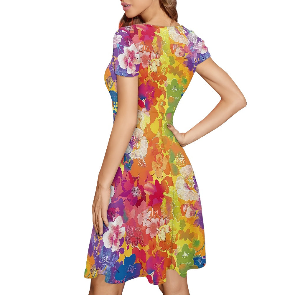 Women Scoop Neck Short Sleeve Ruffle Dress