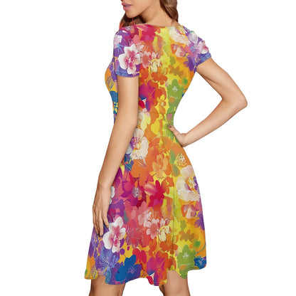 Women Scoop Neck Short Sleeve Ruffle Dress