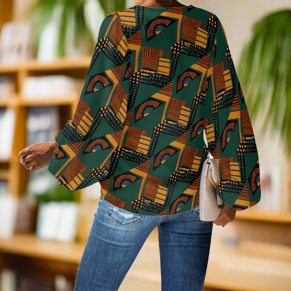 African-Inspired Geometric Print V-Neck Chiffon Puff Sleeve Blouse by Luxtrini