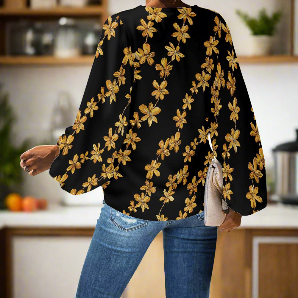 Black and Gold Tropical Lei V-Neck Chiffon Puff Sleeve Blouse by Luxtrini