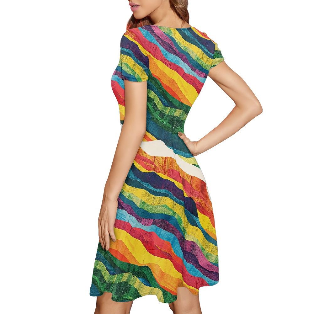 Women Scoop Neck Short Sleeve Ruffle Dress