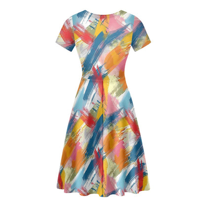 Women Scoop Neck Short Sleeve Ruffle Dress