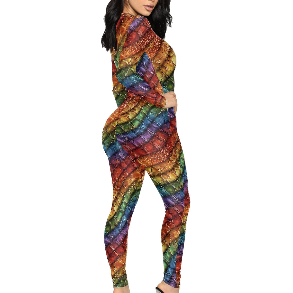 Unique Alligator Skin pattern Rainbow Pride Women's Plunging Neck Jumpsuit