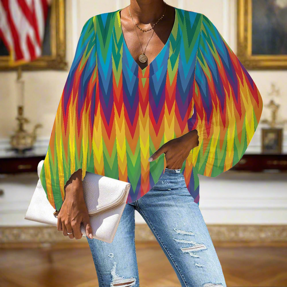 LGBTQ Rainbow Chevrons V-Neck Chiffon Puff Sleeve Blouse by Luxtrini