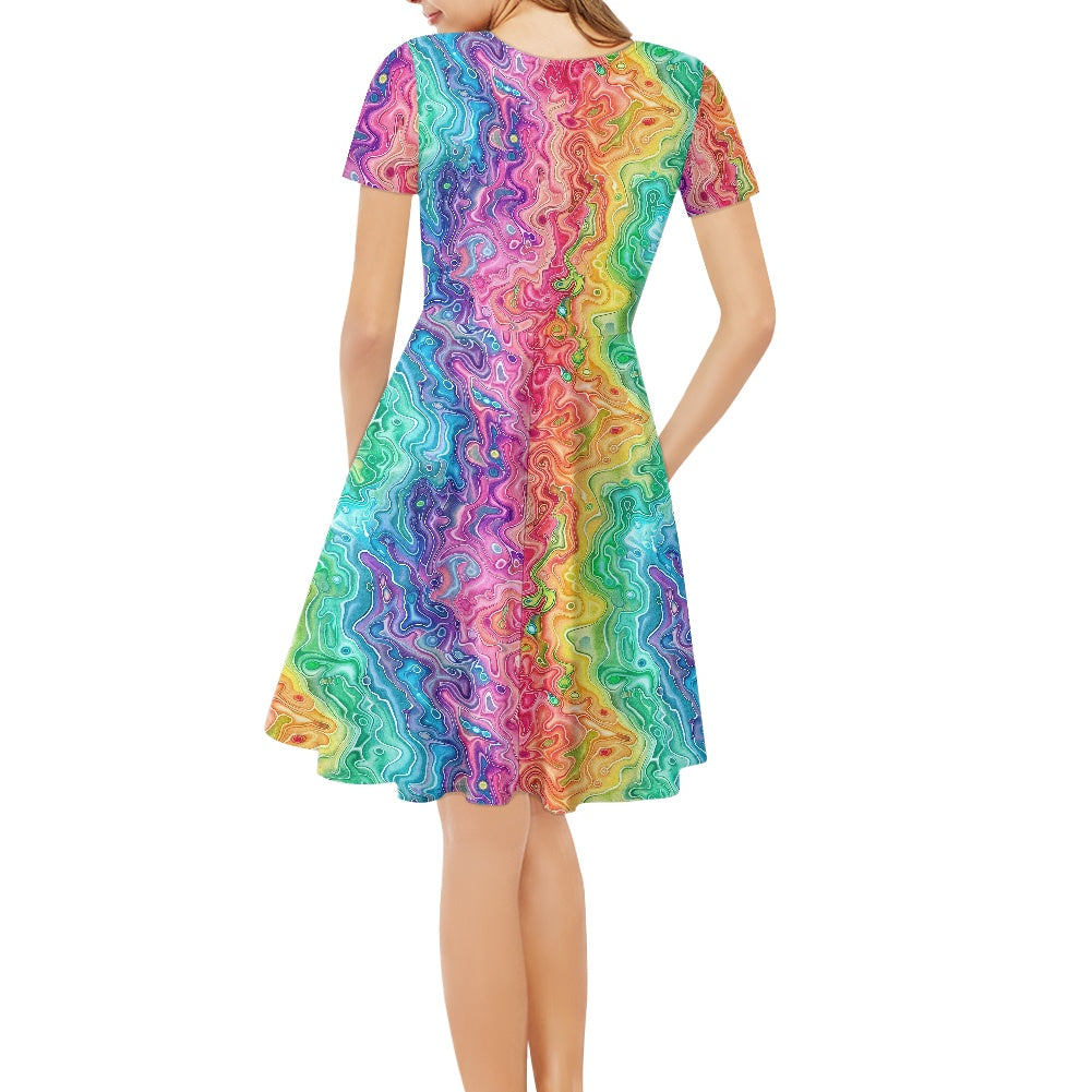 Rainbow Women V-Neck Short Sleeve Ruffle Dress
